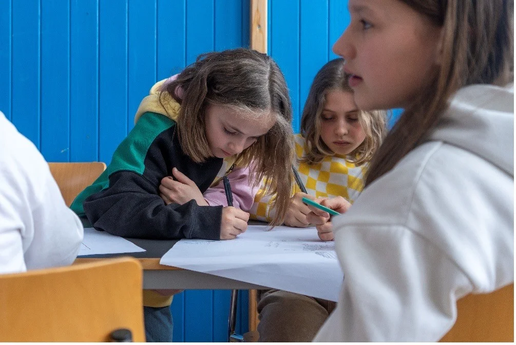 Kinder arbeiten gemeinsam an einem Plakat und halten Ideen fest. Praxisbeispiel für Kinderrechte, Partizipation, Mitbestimmung und gemeinsames Lernen.