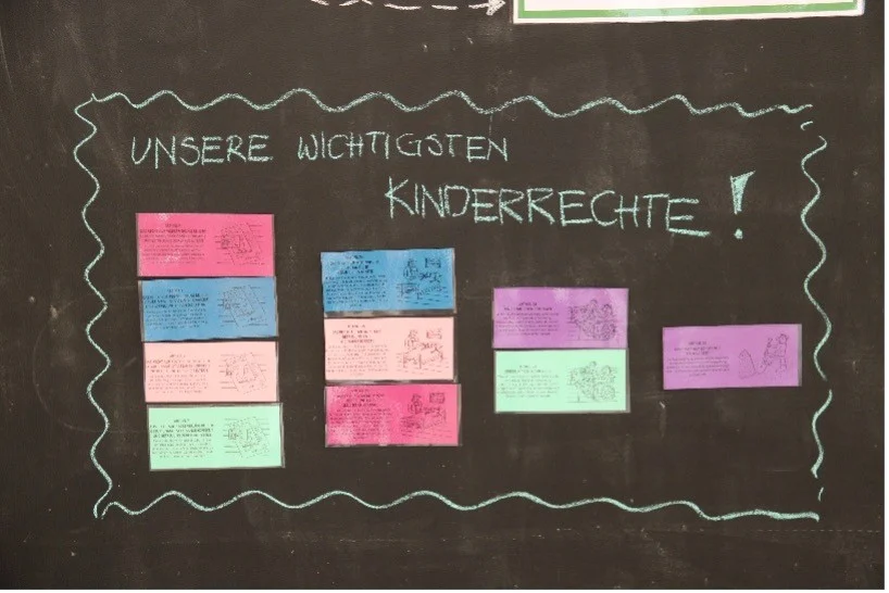 Tafel mit der Überschrift «Unsere wichtigsten Kinderrechte» und Beiträgen von Kindern. Symbol für Kinderrechte, Partizipation und Mitbestimmung in der Schule.